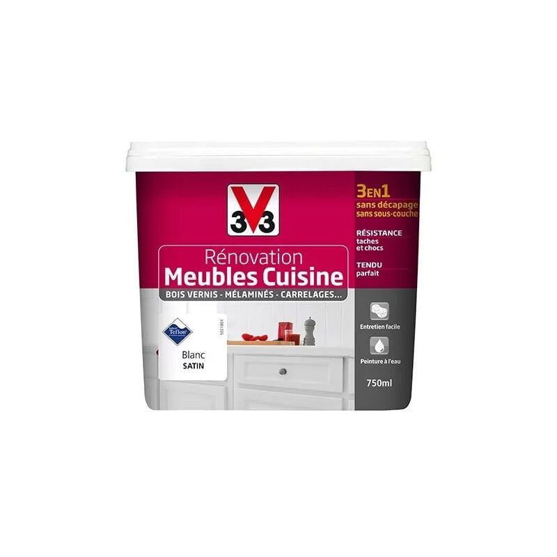 V33 Rénovation Meubles Cuisine (Bois vernis-Mélaminés-Stratifiés) Satin Blanc 0,75 L