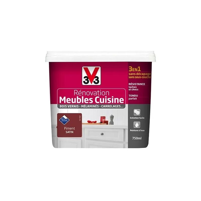 V33 Rénovation Meubles Cuisine (Bois vernis-Mélaminés-Stratifiés) Satin Piment 0,75 L