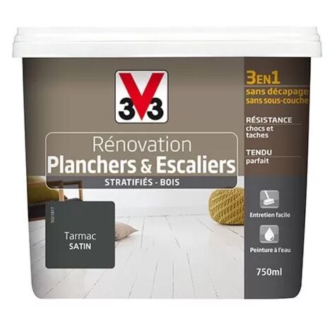 V33 – Peinture pour sol intérieur satin 0,75 L – Application directe sur stratifiés et bois – Peinture 3 en 1 pour rénovation – Couleur tarmac