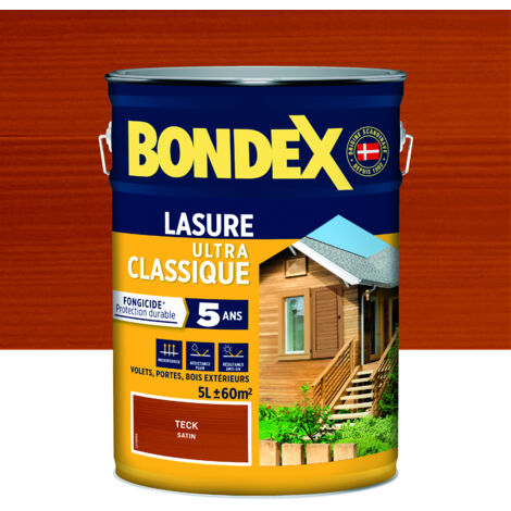 Bondex – Lasure extérieure fongicide 5 ans pour teck 5 L – Aspect satiné – Résines acryliques pour durabilité – Ne cloque pas ni ne s'écaille