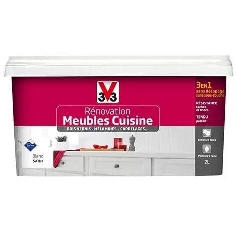 V33 Rénovation Meubles Cuisine (Bois vernis-Mélaminés-Stratifiés) Satin Blanc 2 L