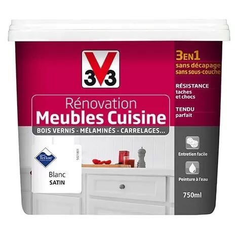V33 Rénovation Meubles Cuisine (Bois vernis-Mélaminés-Stratifiés) Satin Blanc 0,75 L