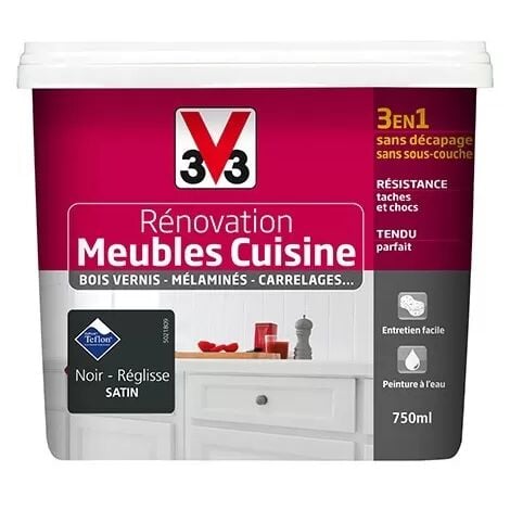 V33 Rénovation Meubles Cuisine (Bois vernis-Mélaminés-Stratifiés) Satin Noir réglisse 0,75 L