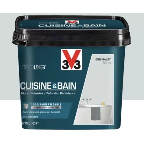 Peinture 100% imperméable Cuisine & bain V33 DécoLAB Gris galet 0,75 L (1/3)