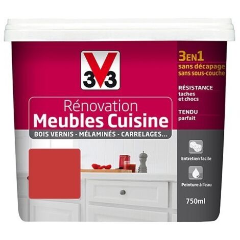 V33 – Peinture meuble cuisine acrylique satin cardinal 0,75 L – Résistante aux tâches et chocs – Application sans sous-couche (1/3)
