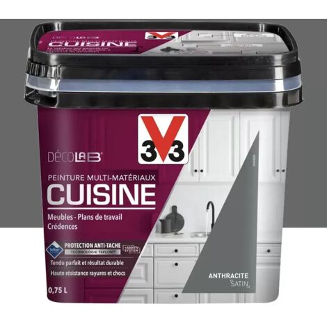 V33 – Peinture multi-matériaux antitache pour cuisine – Couleur anthracite satin – Contenance 0,75 L – Adhère sur tous matériaux