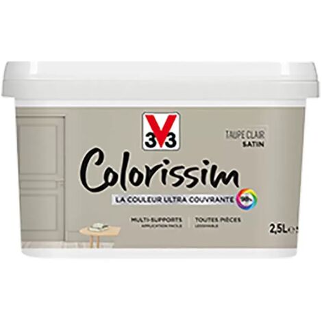 V33 – Peinture murale acrylique ultra-couvrante satin taupe clair 2,5 L – Lessivable et résistante aux taches – Pour murs et boiseries (1/4)