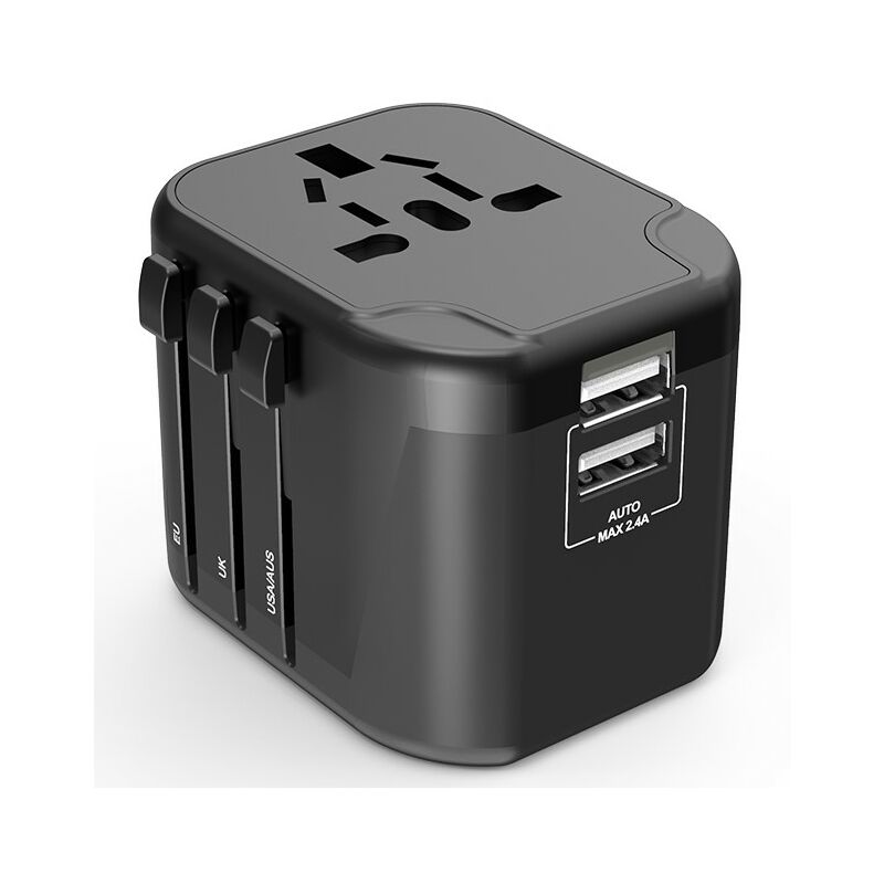 Adaptateur prise voyage universel international - 2 ports USB - compatible tous pays - Noir - Dio