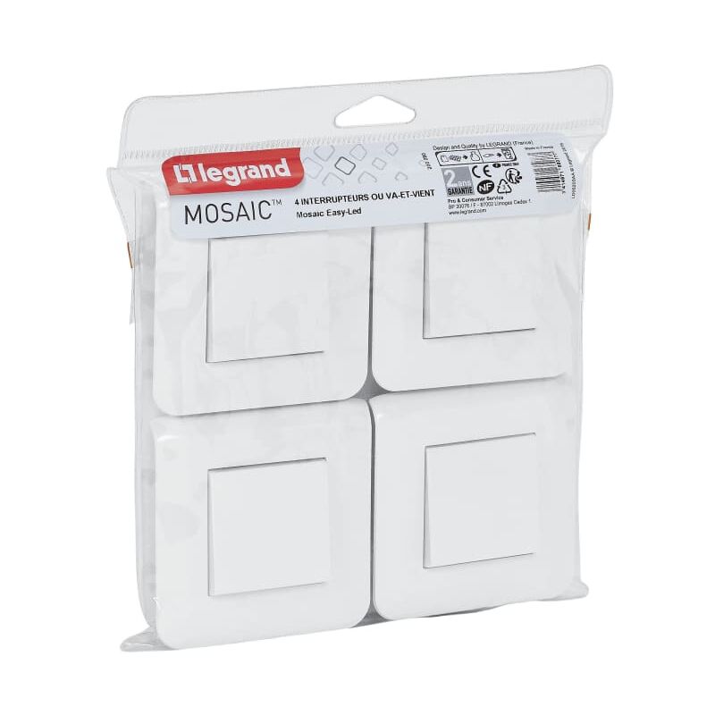 Lot de 4 interrupteurs va et vient 10A complet - Mosaic - Blanc - Legrand