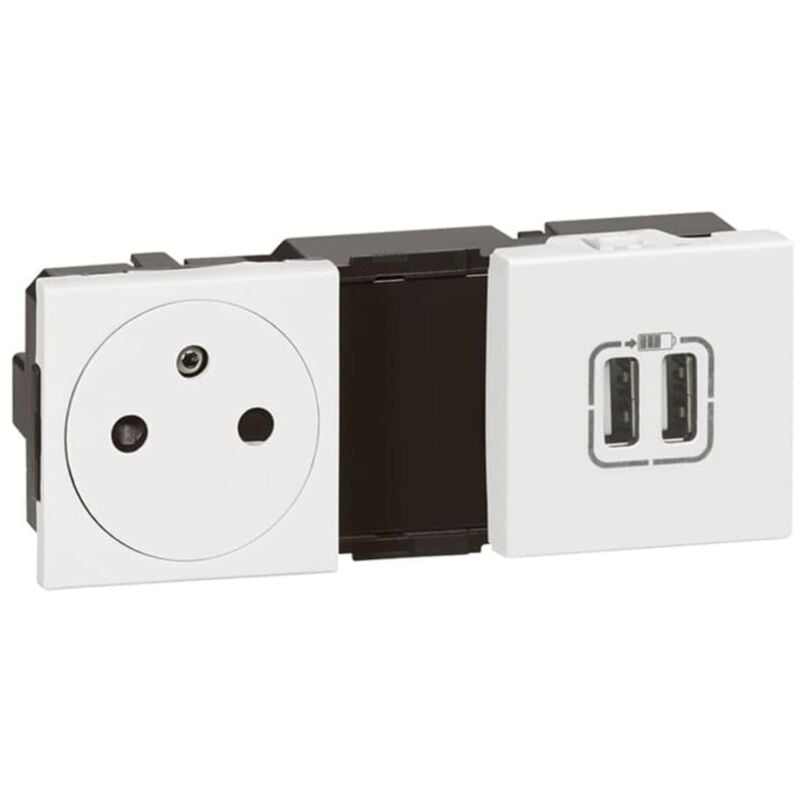 Prise 2P+T 16A + chargeur 2 USB Type-A précablee 5 modules - Mosaic - Blanc - Legrand