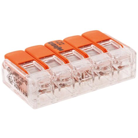 Wago – Borne de raccordement S221 Compact – Connexion rapide – 5 conducteurs avec leviers 4mm² – Tension 450V – Courant 32A – Pour environnements exigeants