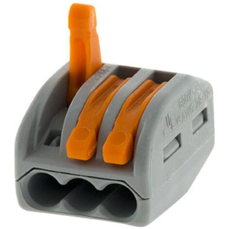 Wago – Borne rapide automatique à cliquet – 3 entrées – Conducteurs 0.8 à 4 mm² – Câblage latéral sans vis – Norme CE