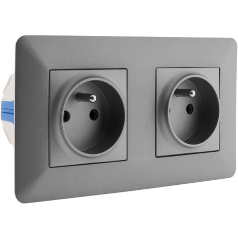 Zenitech – Prise double 2P+T titanium – Bornes automatiques pour connexion rapide sans outil – Plaque réglable pour murs irréguliers – 3680W 250V