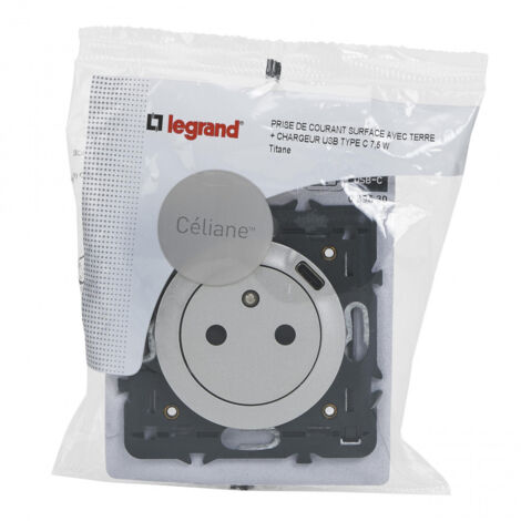 Legrand – Prise de courant 2P+T 16A avec chargeur USB Type C – Compatible Batibox – Couleur titane – Pour tableau électrique