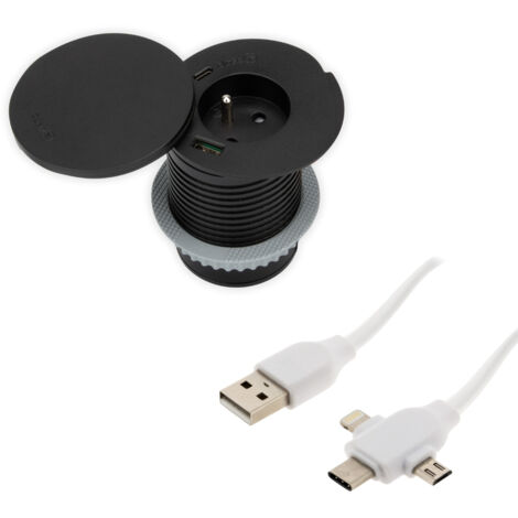 Otio – Prise encastrable 16A avec 2 ports USB type A et C – Chargeur induction 10W – Câble USB universel 1,8m – Compatible smartphones et tablettes