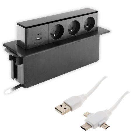 Otio – Multiprise encastrable 16A avec 3 prises + 2 ports USB Quick Charge – Finition inox noir brossé – Installation facile et rapide