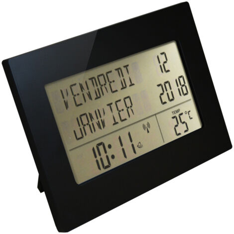 Horloge calendrier radio contrôlée Memento – Affichage température intérieure – 8 langues – 2 alarmes – Dimensions 22 x 16 cm – Orium