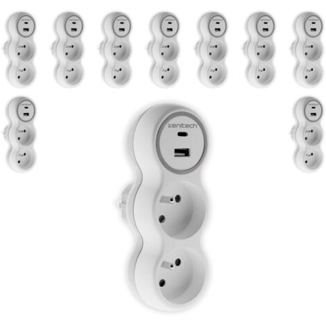 Lot de 10 prises 2x16A + 2 ports USB A/C - Blanc et Gris - Bolea - Zenitech