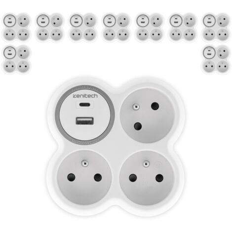Lot de 5 prises 3x16A + 2 ports USB A/C - Blanc et Gris - Bolea - Zenitech