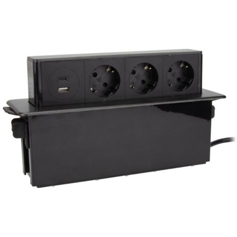 Otio – Multiprise rétractable 3 prises Schuko 16A – 2 ports USB A+C 3,6A Quick Charge – Longueur 1,5m – Design compact noir (1/5)
