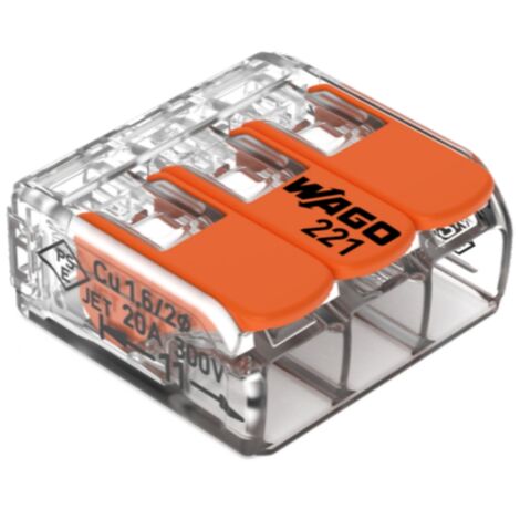 Wago – Boîte de 50 bornes à levier 3 entrées – Section câble 0,14 à 4 mm² – Tension 450V – Courant 32A – Installation rapide sans outils