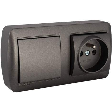 EDM – Ensemble prise 2P+T 16A et interrupteur va-et-vient en saillie – Couleur graphite – Installation en surface – Indice de protection IP20