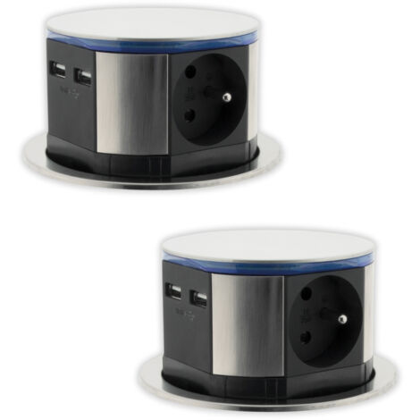 Otio – Lot de 2 blocs multiprises encastrables LED 3 prises 16A 2P+T + 2 ports USB – Inox – Système push-up pour espace de travail dégagé
