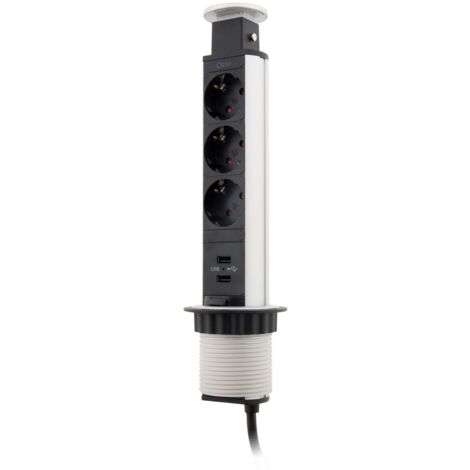 Otio – Multiprise encastrable Schuko 3 prises 230V + 2 ports USB 5V 2,1A – Câble 1,5m – Installation Ø60mm pour plan de travail - 3x16A