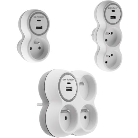Zenitech – Set de 3 multiprises 16A + USB – 1 simple, 1 double, 1 triple – Puissance 3680W sous 230V – Ports USB 12W max