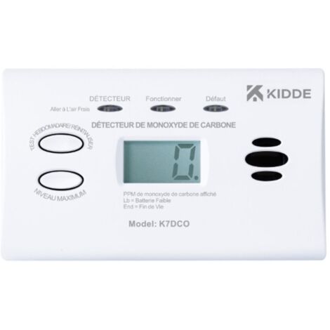 Kidde – Détecteur monoxyde de carbone 10 ans – Alimentation 2 piles AA – Écran LCD numérique – Installation facile dans espaces restreints