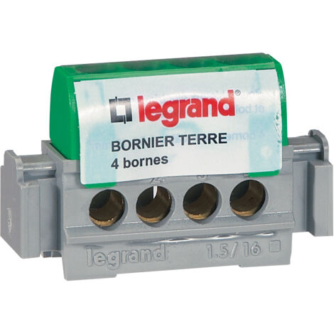 Legrand – Bornier de terre 4 bornes 1,5 à 16 mm² – Protection IP2X – Connexion à vis – Installation sur rail DIN