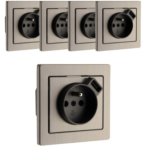 Lot de 5 prises 2P+T + USB encastrable Inox Art'Flat - Zenitech