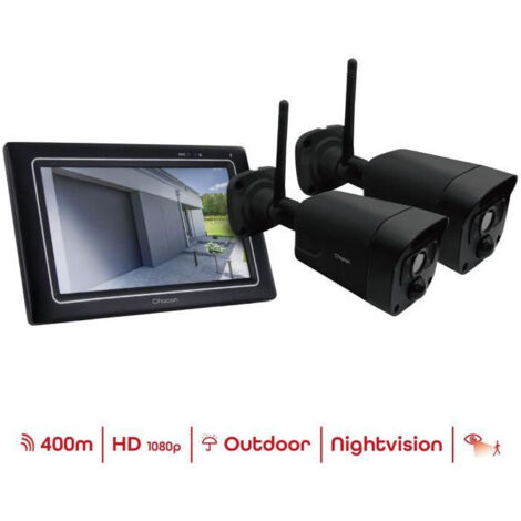 Chacon – Kit de 2 caméras HD sans fil avec écran tactile 7 pouces – Vision nocturne 15m – Portée 400m – Angle de vue 90° – IP66 intérieur/extérieur (1/6)