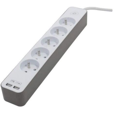 Multiprise CHACON 5 prises 16A avec 2 ports USB et câble 1,5 m HO5VV-F 3x1,5 mm² blanc et marron (1/5)