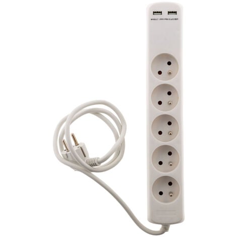 Bloc 5 prises 16A 2P+T avec 2x USB en 2,1A câble H05VV-F 3G1mm² 1m - Zenitech