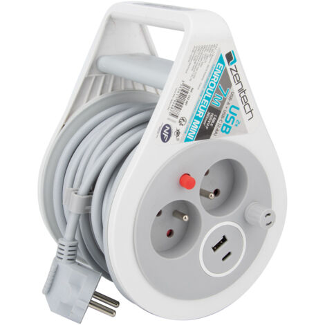 Zenitech – Mini enrouleur électrique 2 prises 2P+T et 2 USB – Câble 7m H05VVF 3G1mm² – Puissance USB 2,4A pour recharge rapide (1/5)