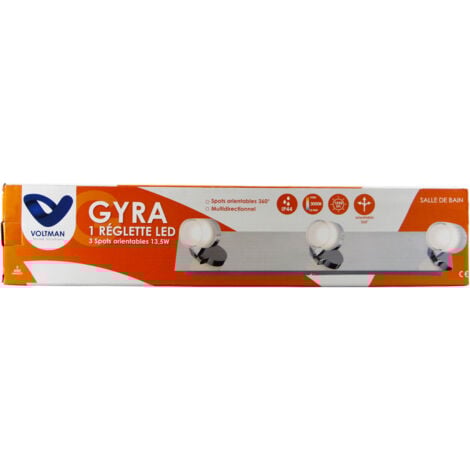 Réglette 3 Spots spécial Salle de Bain IP44 (13,5W 1050lm 3000K) Chrome - Voltman