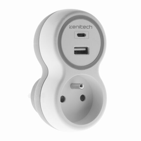 Zenitech – Multiprise 16A avec 2 ports USB-A et C – Puissance 3680W – Intensité 16A – Design contemporain blanc et gris