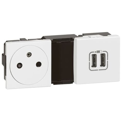 Prise 2P+T 16A + chargeur 2 USB Type-A précablee 5 modules - Mosaic - Blanc - Legrand