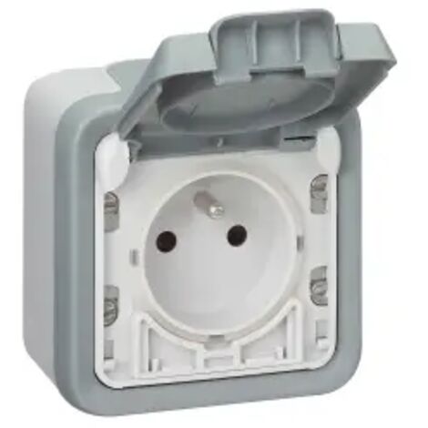 Legrand – Prise de courant étanche IP55 saillie – Clapet de protection – Montage intérieur/extérieur – Couleur gris
