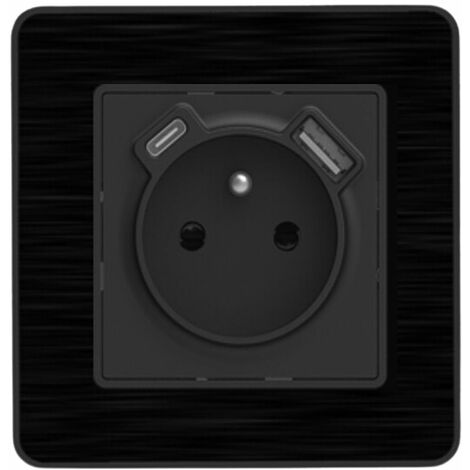 Zenitech – Prise encastrable 2P+T 16A avec 2 ports USB A et USB-C 2,4A – Acier inox brossé noir – Installation affleurante