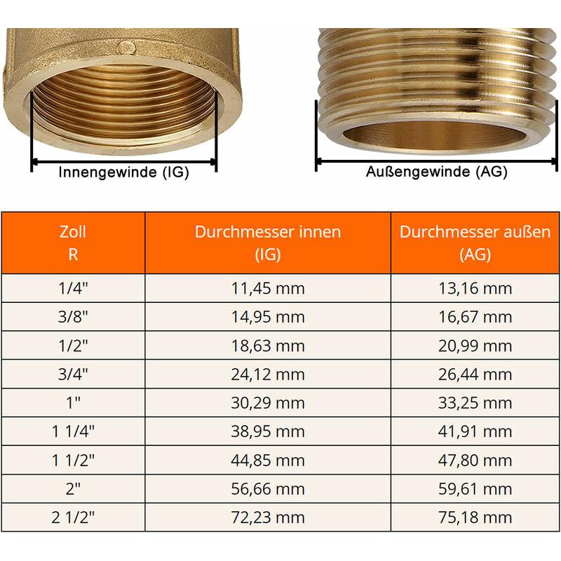 Messing Gewinde-Fitting Hahnverlängerung IG/AG 1/2 (DN 15) Länge 20mm -  schwere Ausführung