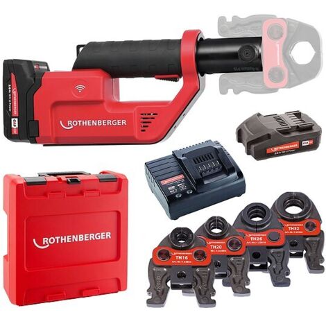 ROTHENBERGER ROMAX Compact 3 inkl. 2 Akkus 2,0 Ah, Schnellladegerät, System-Box und Pressbacken TH 16, 20, 26, 32