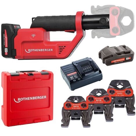 ROTHENBERGER ROMAX Compact 3 inkl. 2 Akkus 2,0 Ah, Schnellladegerät, System-Box und Pressbacken V 15, 18, 22 (SV)