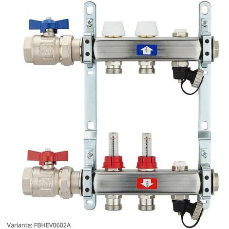Fußbodenheizungsverteiler aus Edelstahl mit Topmeter für 2 Heizkreise - mit Anschlussset waagrecht