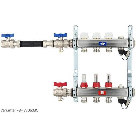 Fußbodenheizungsverteiler aus Edelstahl mit Topmeter für 3 Heizkreise - mit WMZ-Anschlussset 110 mm waagrecht