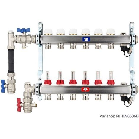 Fußbodenheizungsverteiler aus Edelstahl mit Topmeter für 6 Heizkreise - mit WMZ-Anschlussset 110 mm senkrecht