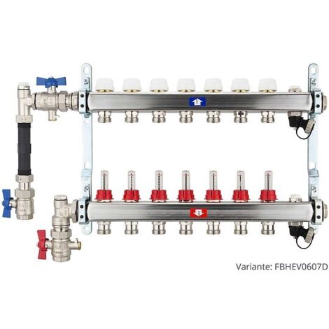 Fußbodenheizungsverteiler aus Edelstahl mit Topmeter für 7 Heizkreise - mit WMZ-Anschlussset 110 mm senkrecht