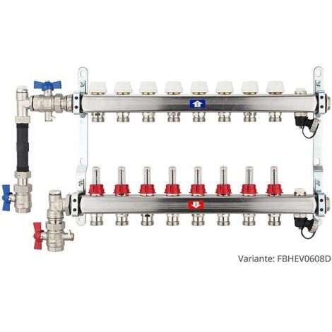 Fußbodenheizungsverteiler aus Edelstahl mit Topmeter für 8 Heizkreise - mit WMZ-Anschlussset 110 mm senkrecht