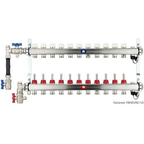 Fußbodenheizungsverteiler aus Edelstahl mit Topmeter für 11 Heizkreise - mit WMZ-Anschlussset 110 mm senkrecht